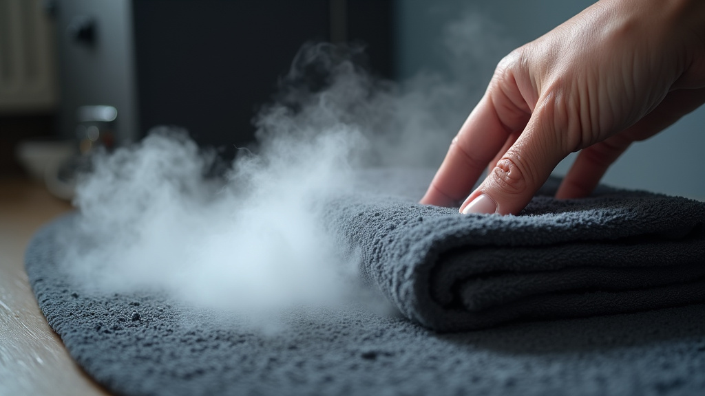 Placing a towel to catch fog machine condensation and prevent wet floors.