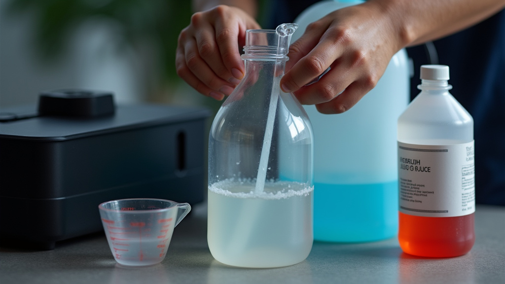 Mixing distilled water with fog juice in a bottle for safe dilution.