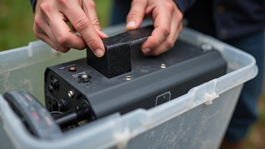 Close-up of hands using silicone tape to waterproof a fog machine's ports outdoors.
