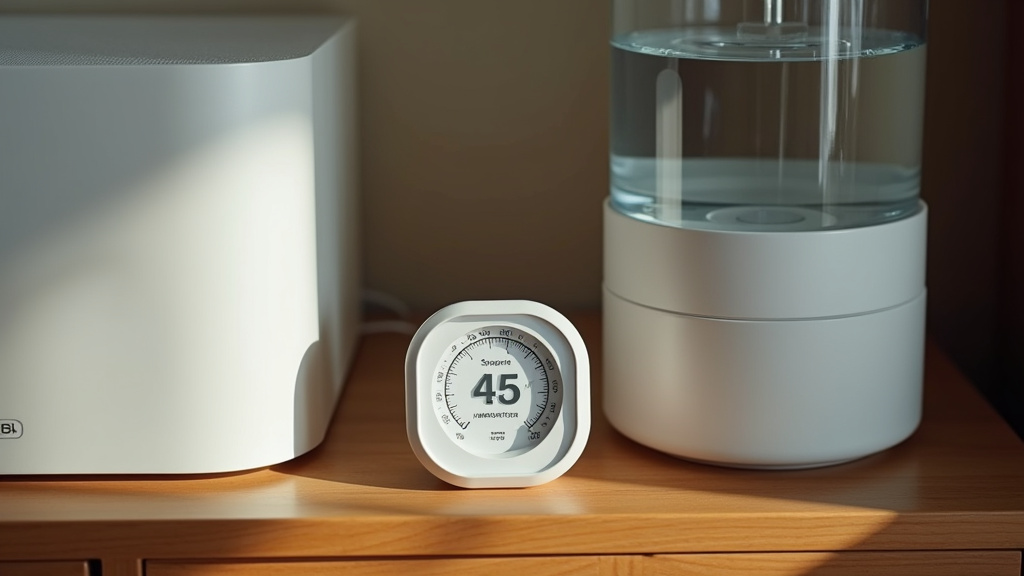Digital hygrometer monitoring humidity between an air purifier and humidifier.
