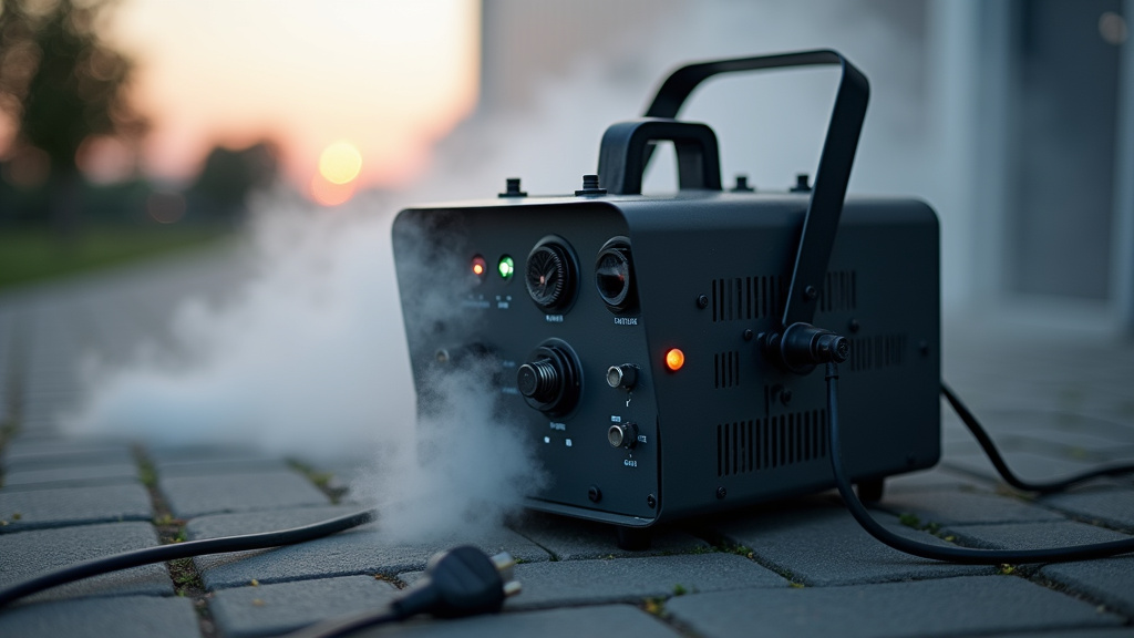 Large outdoor fog machine with weather-resistant features and grounded power cord