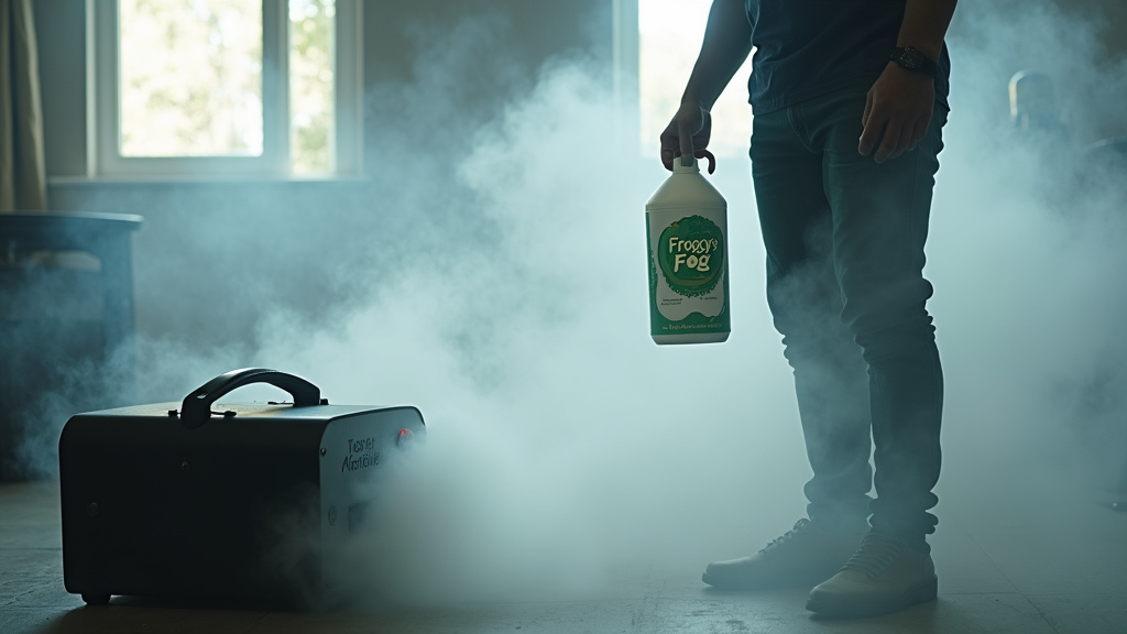 Froggy's Fog fluid bottle and fog machine operating in a ventilated indoor space.