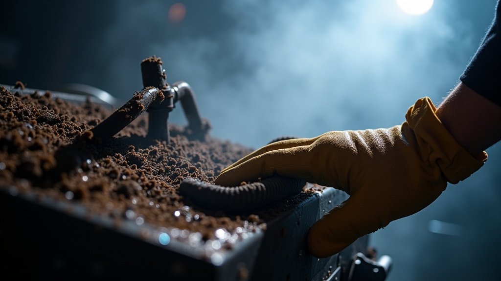 Sticky glycol fog residue and dust being cleaned from a professional fog machine.