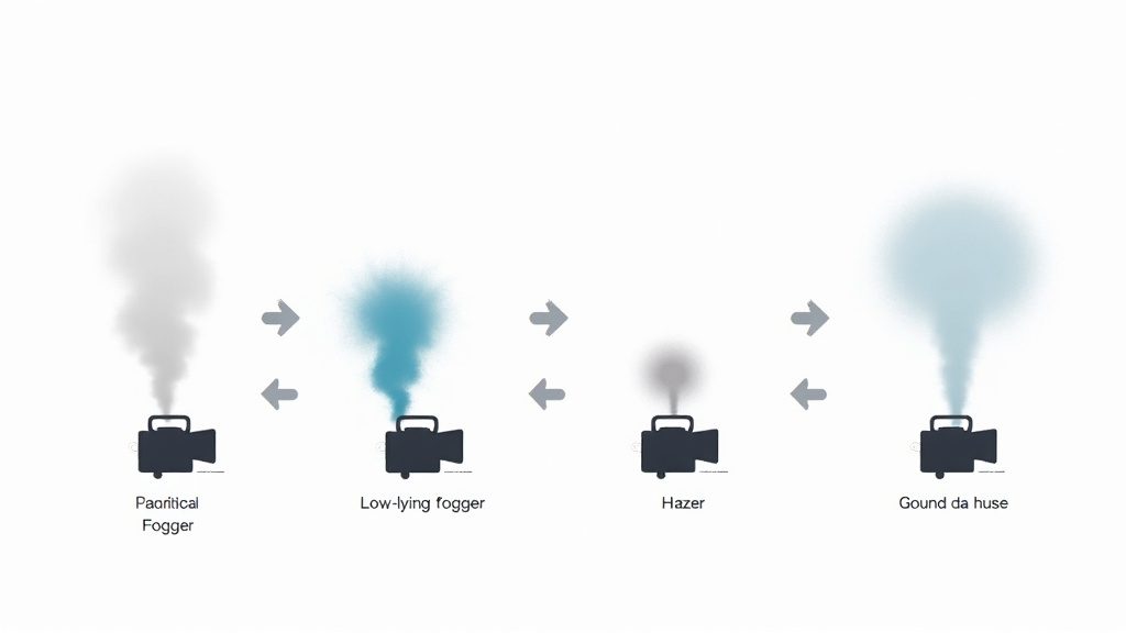 Diagram comparing fog machine types: traditional, low-lying, haze, and CO2 jet.