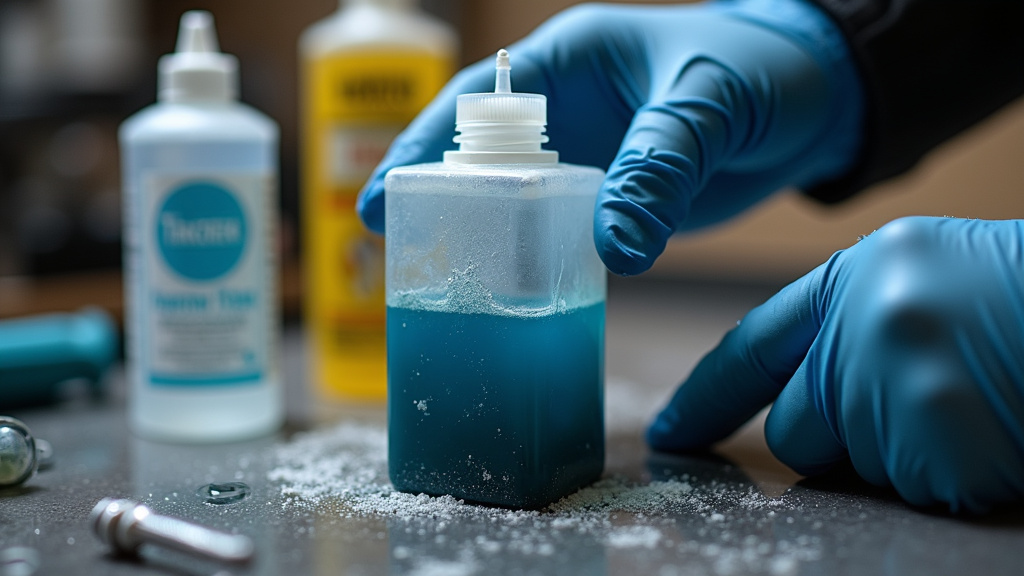 Cleaning colored fog machine fluid from tank with proper solvent and fresh juice.