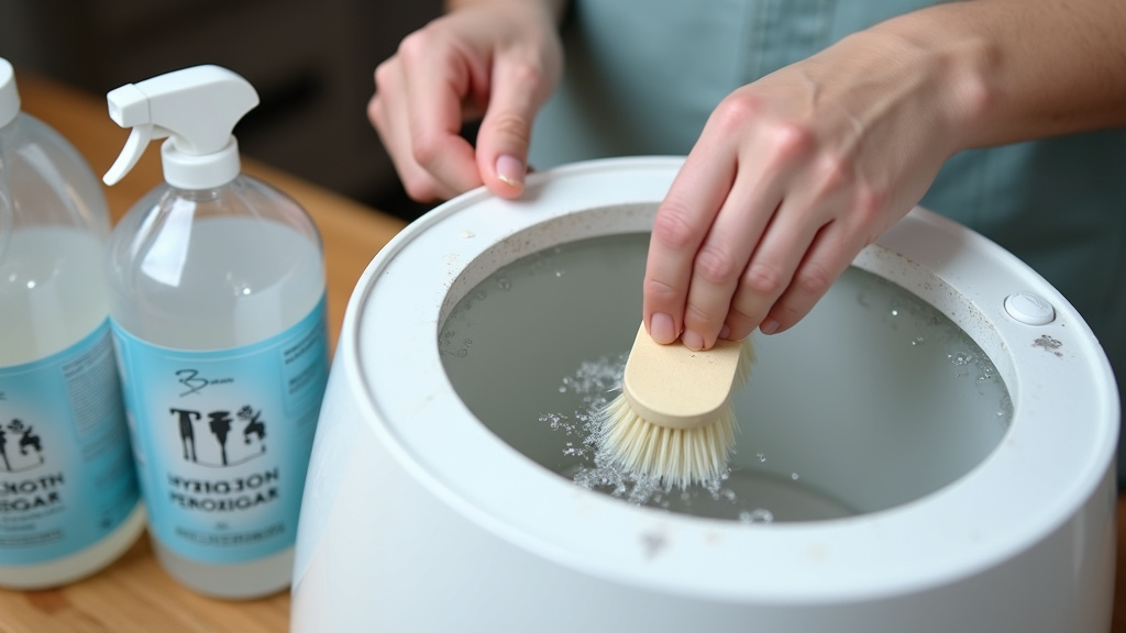 Cleaning biofilm from a humidifier tank without a filter using peroxide and a brush.