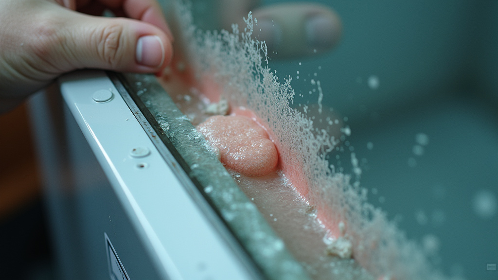 Close-up of pink bacterial biofilm inside a neglected humidifier water tank.