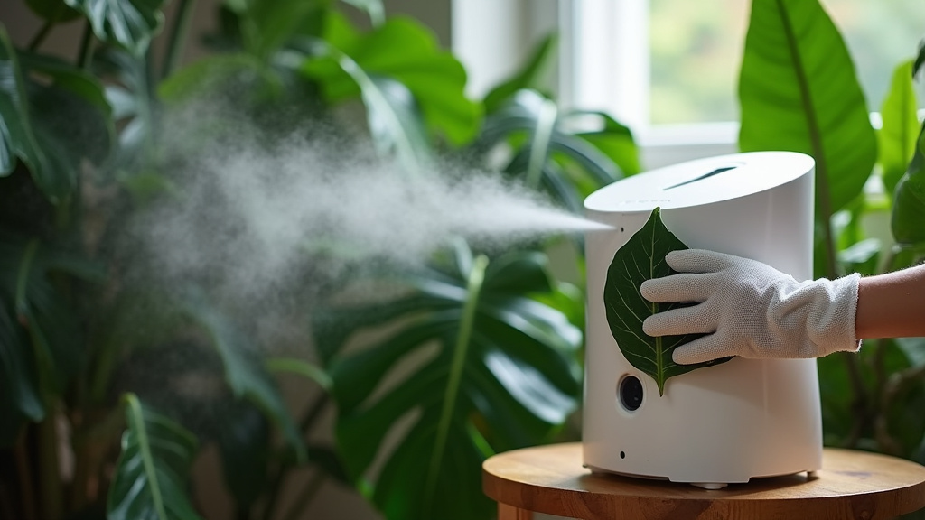 Ultrasonic humidifier misting plants, showing mineral dust on a leaf.