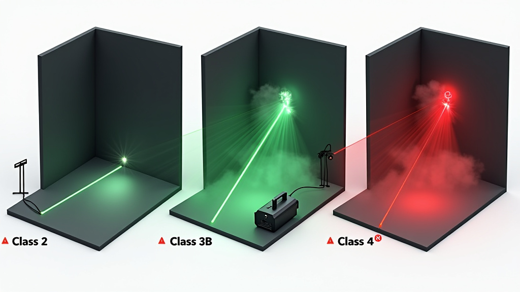 Diagram comparing laser classes with correct and incorrect fog or haze density.