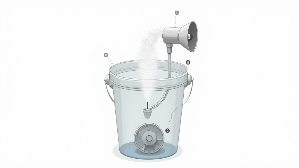 Cross-section diagram of a DIY ultrasonic fog machine using a bucket and auto-fill system.