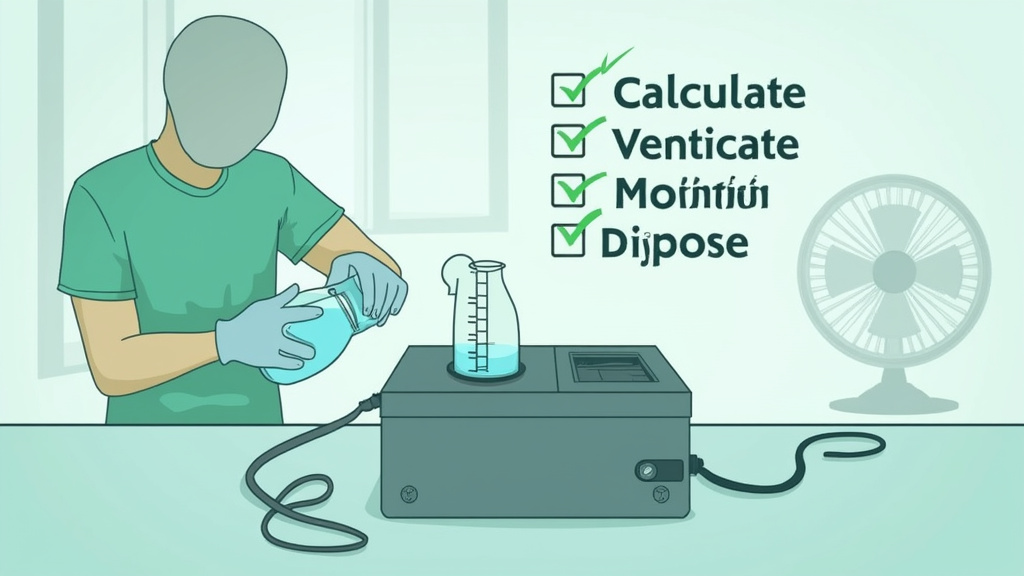 Responsible fog machine use showing measured fluid pouring and ventilation for the environment.