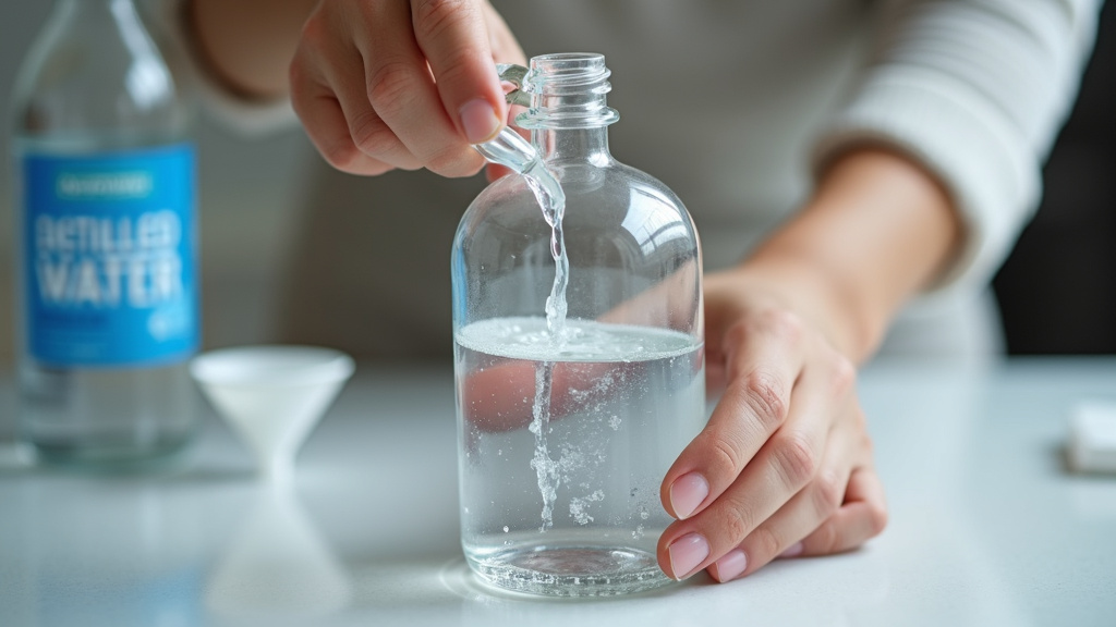 Mixing low lying fog juice by pouring glycerin into water in a bottle.