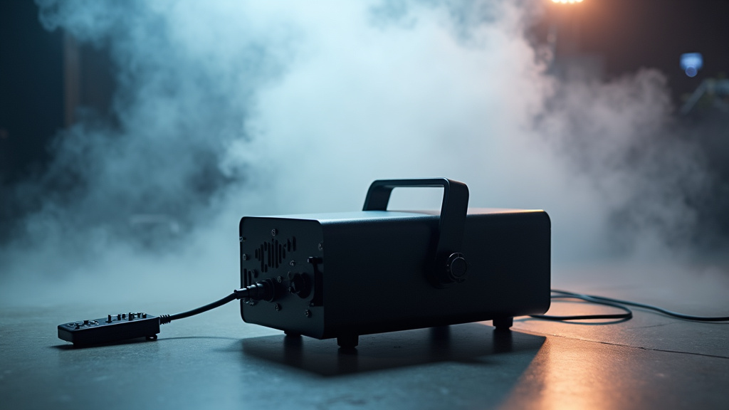 Modern compact fog machine with wireless remote and DMX cable for precise control.