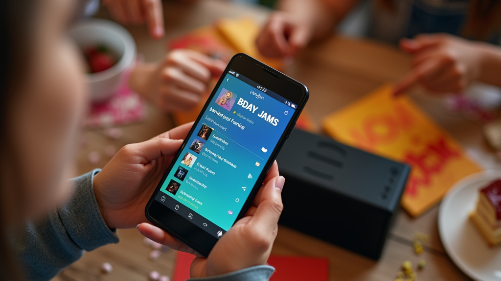 Teen hands creating a collaborative birthday party playlist on a phone next to a speaker.