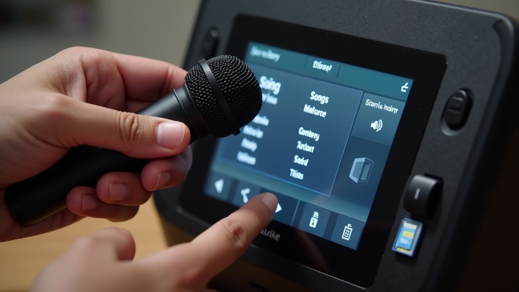 Close-up of hands navigating a wireless karaoke microphone and Magic Machine song library.