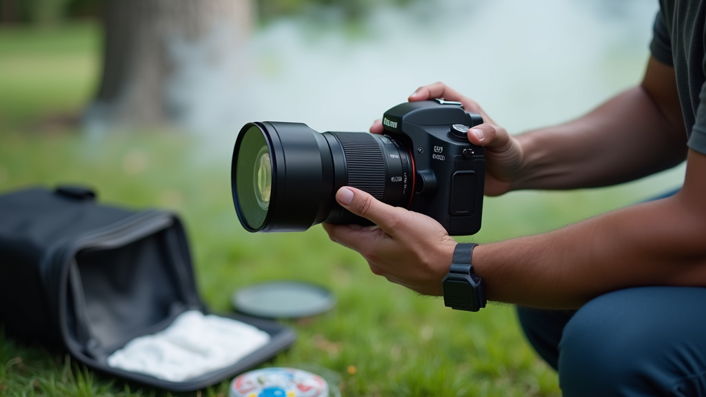Photographer protecting camera with UV filter while using fog machine outdoors.