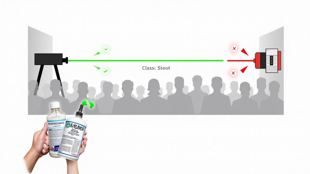 Diagram showing safe laser beam path above audience and approved fog fluid with MSDS.