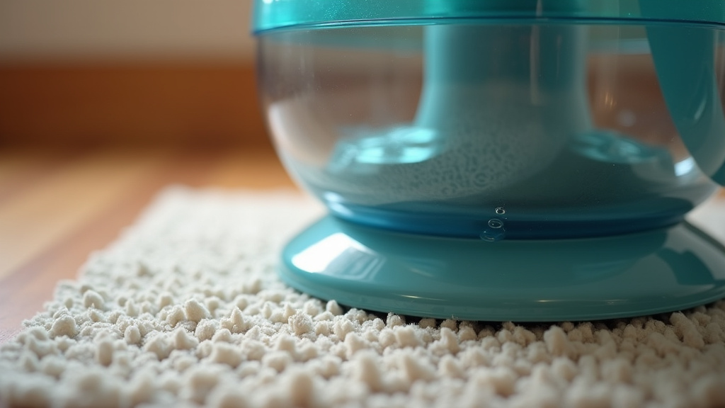Bubble machine placed on a rug for quiet indoor operation, noise reduction.