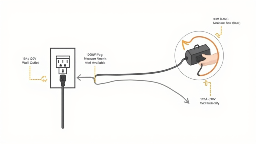 Electrical diagram showing fog machine power plug into a household outlet with wattage labels.