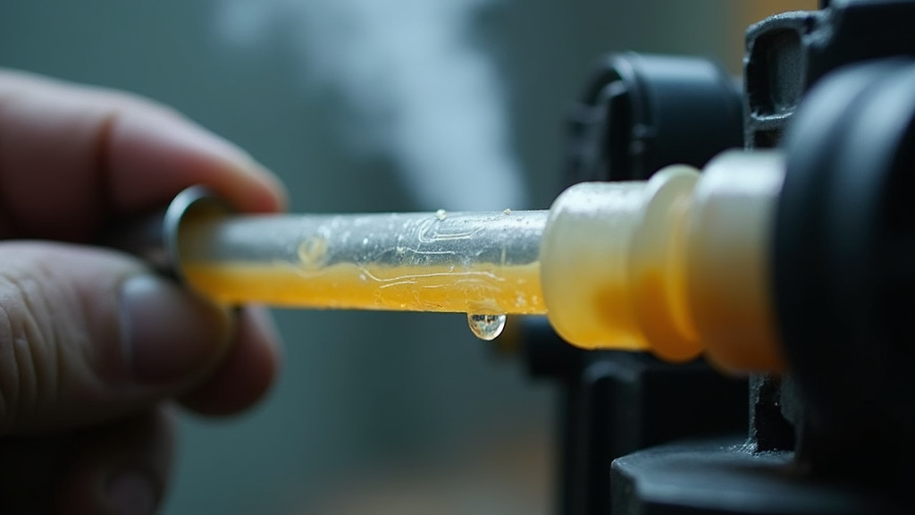 Close-up of a cracked, discolored fluid line causing a fog machine to spit liquid.