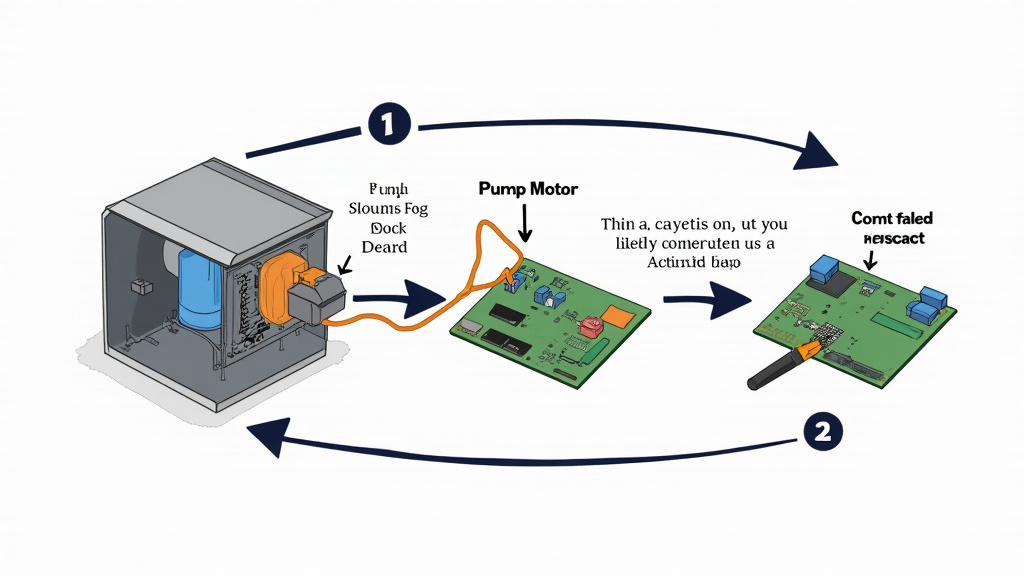 Diagnostic diagram for fog machine pump, heater, and control board failures.