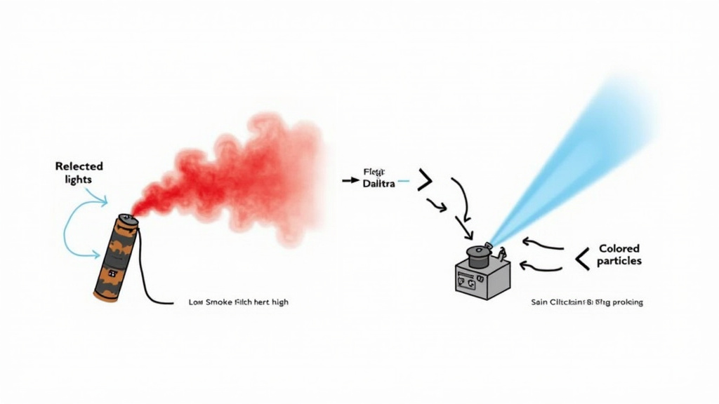 Diagram comparing pyrotechnic colored smoke versus fog machine with colored light.