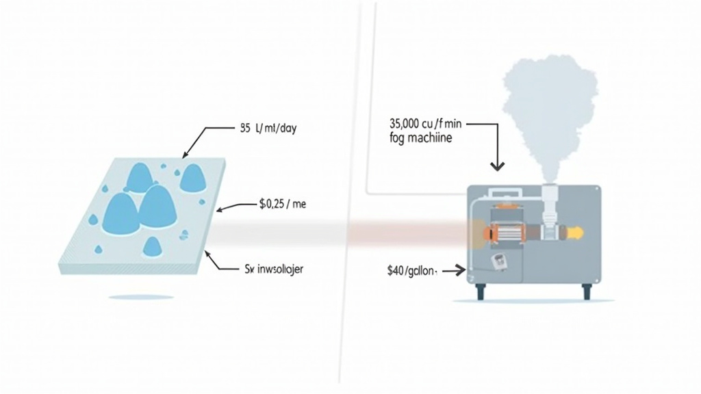 Comparative diagram of natural fog harvesting yield versus fog machine output specifications.