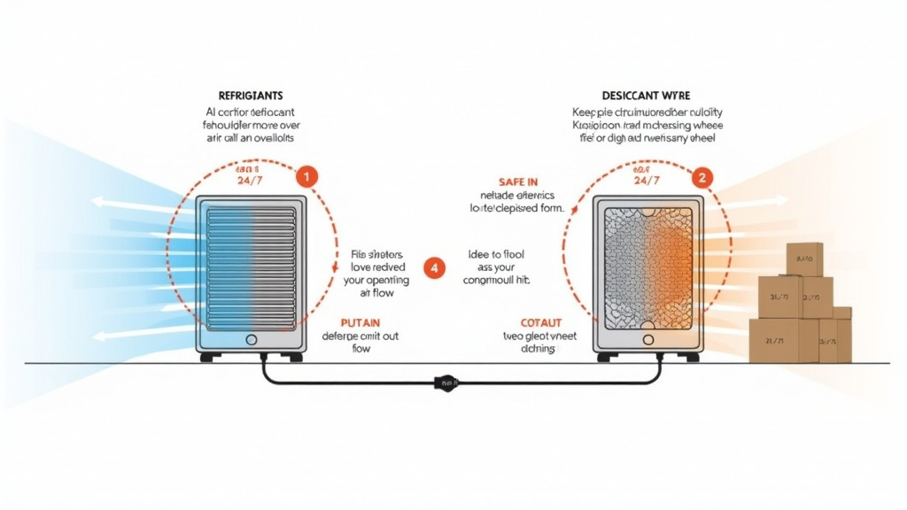 Refrigerant versus desiccant dehumidifier safety diagram for continuous operation.