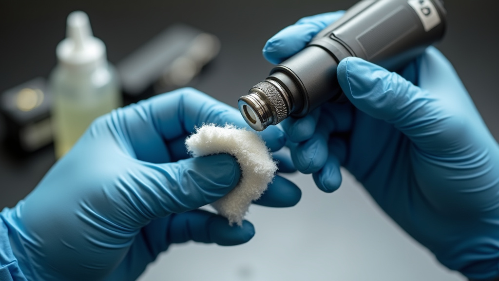 Cleaning a clogged microfogger nozzle with alcohol to maintain proper function.
