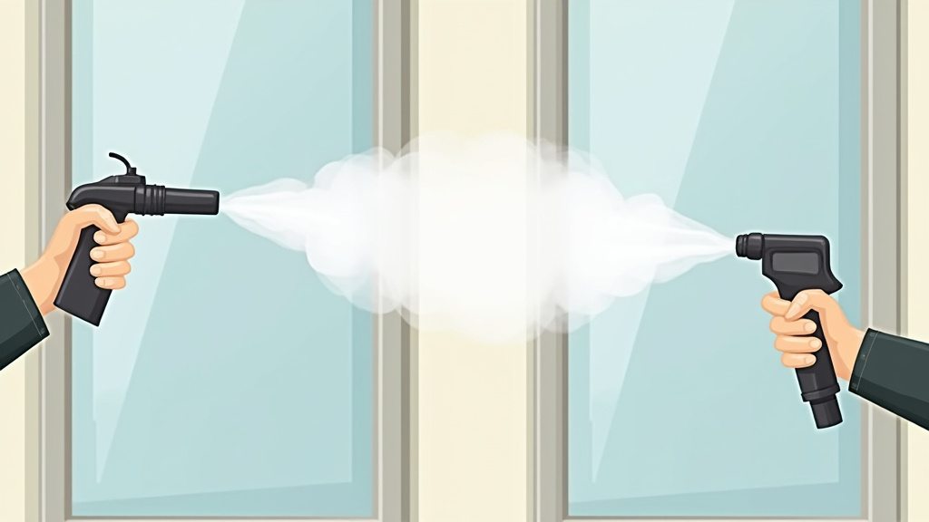 Cartoon comparing thermal fogger residue versus cold fogger's dry fog on surfaces.