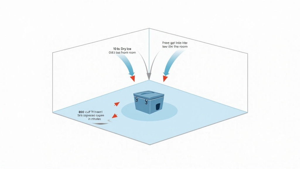 Diagram showing dry ice CO2 gas displacing oxygen in a closed room for fog effect.