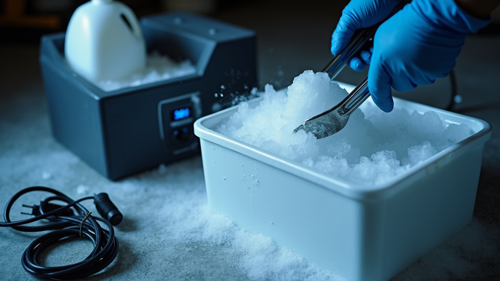 Safety and logistics comparison of dry ice handling versus fog machine setup.