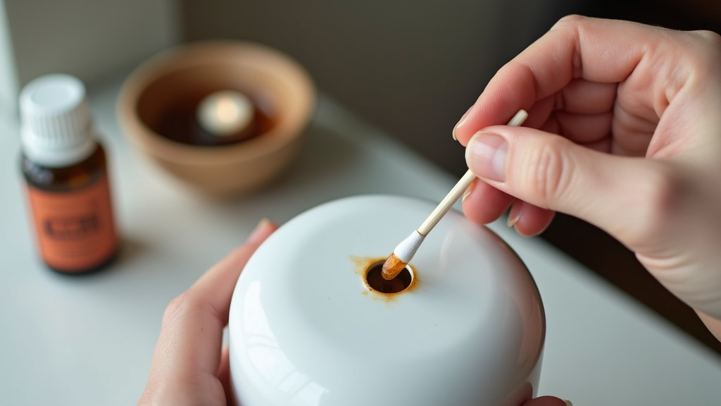 Cleaning a nebulizing diffuser nozzle with alcohol for essential oil safety.