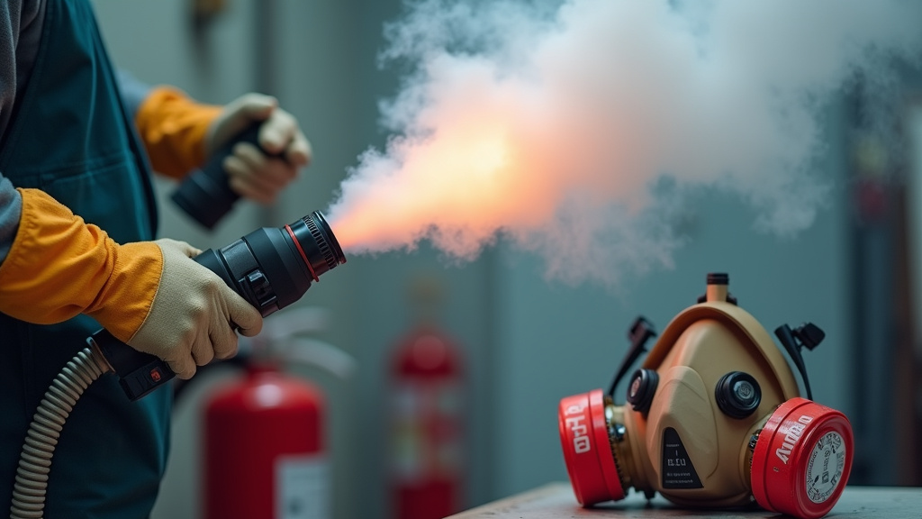 Safety protocol for thermal fogging: gloves, respirator, and fire extinguisher.