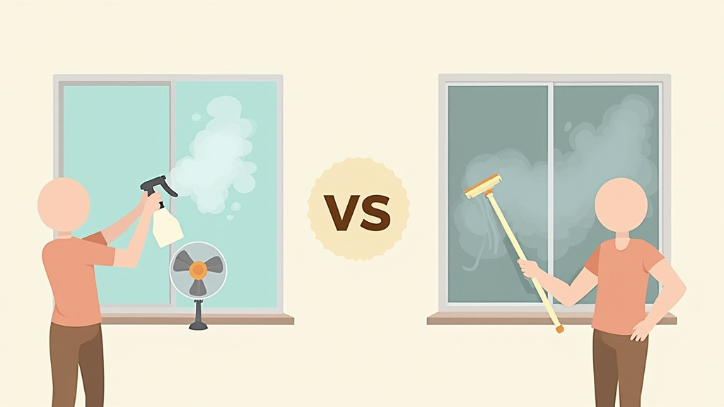 Cartoon comparison of clean fog residue versus oily smoke machine residue on windows.