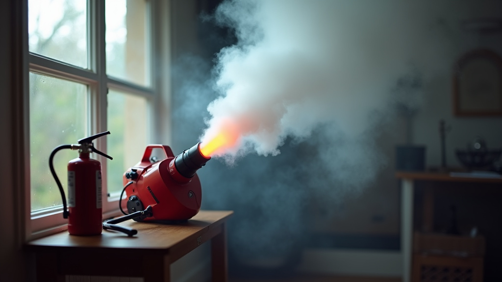 Halloween fog machine operating indoors with open window for ventilation and safety equipment.