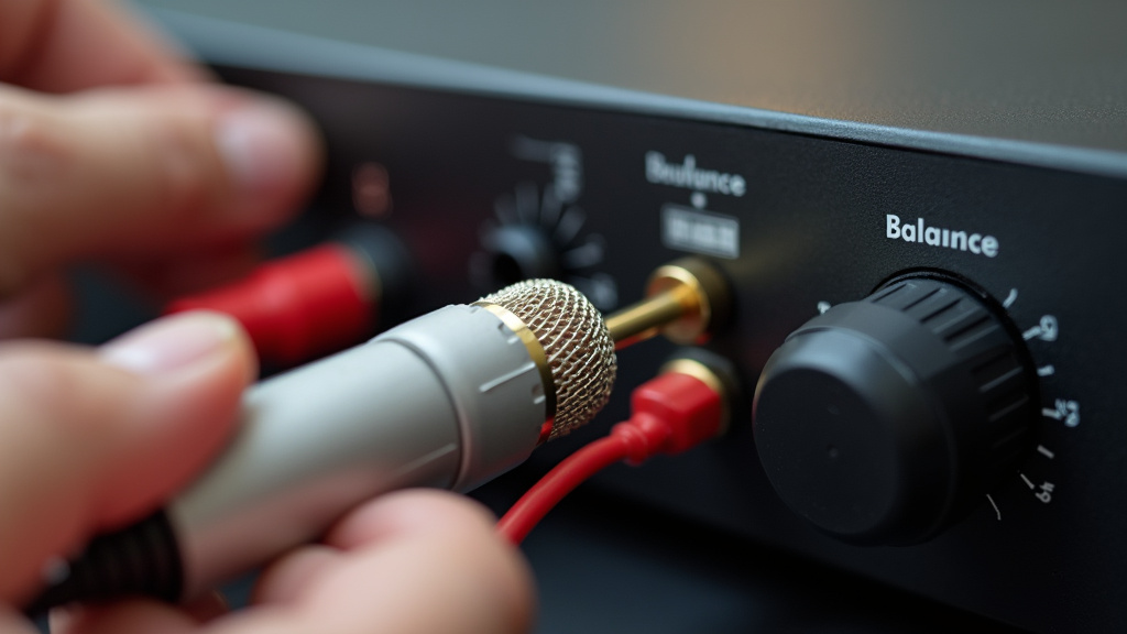 Close-up of properly connecting a microphone to the Karaoke USA GF842.
