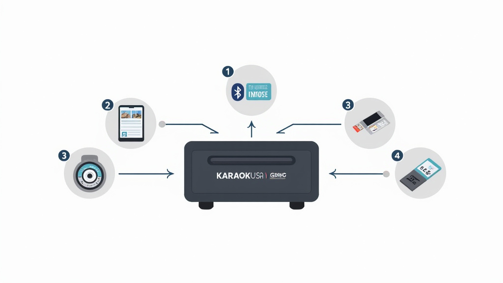 Diagram of Karaoke USA machine setup showing Bluetooth, disc, USB, and aux inputs.