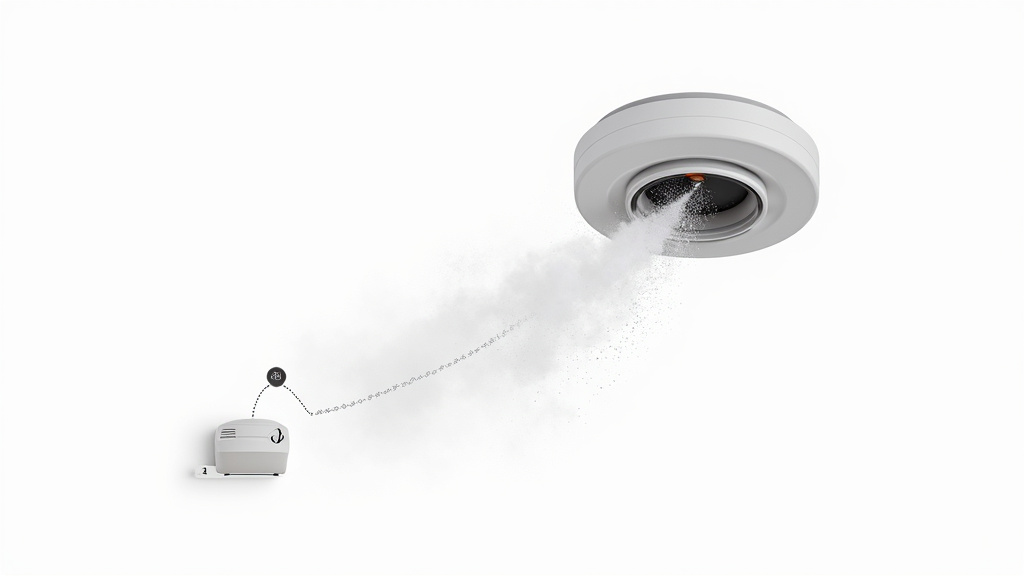 Diagram showing how indoor fog triggers a photoelectric smoke alarm sensor.