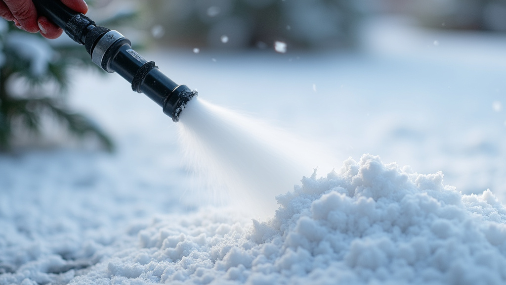 Pressure washer creating dense, wet artificial snow for a small backyard project.