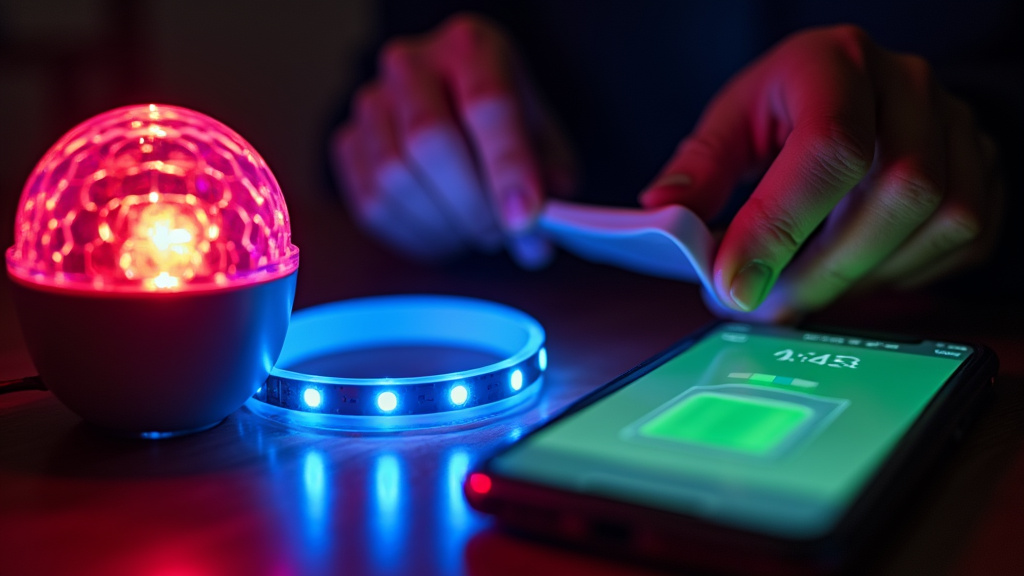 Comparison of sound-activated party lights with built-in mic versus app-only control.