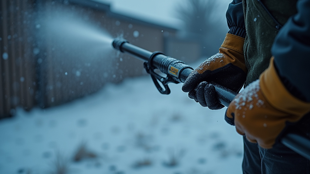 Pressure washer spraying mist into cold air to create artificial snow.