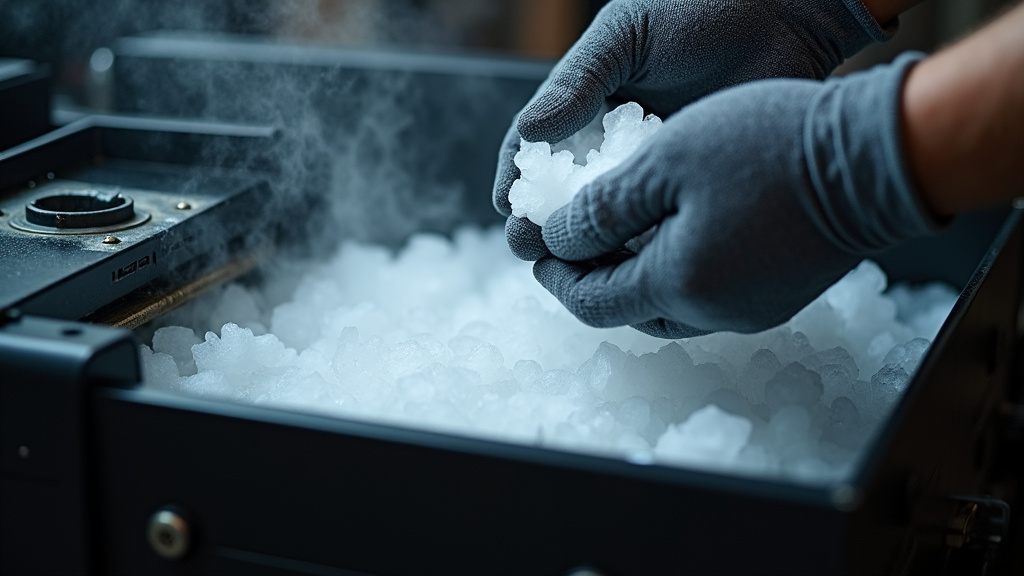 Gloved hands loading dry ice pellets into a dedicated fog machine chamber.