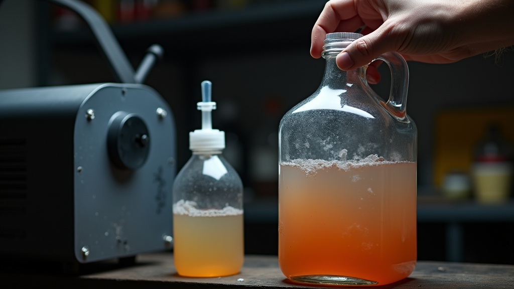 Storing homemade scented fog juice in a labeled jug after draining fog machine.