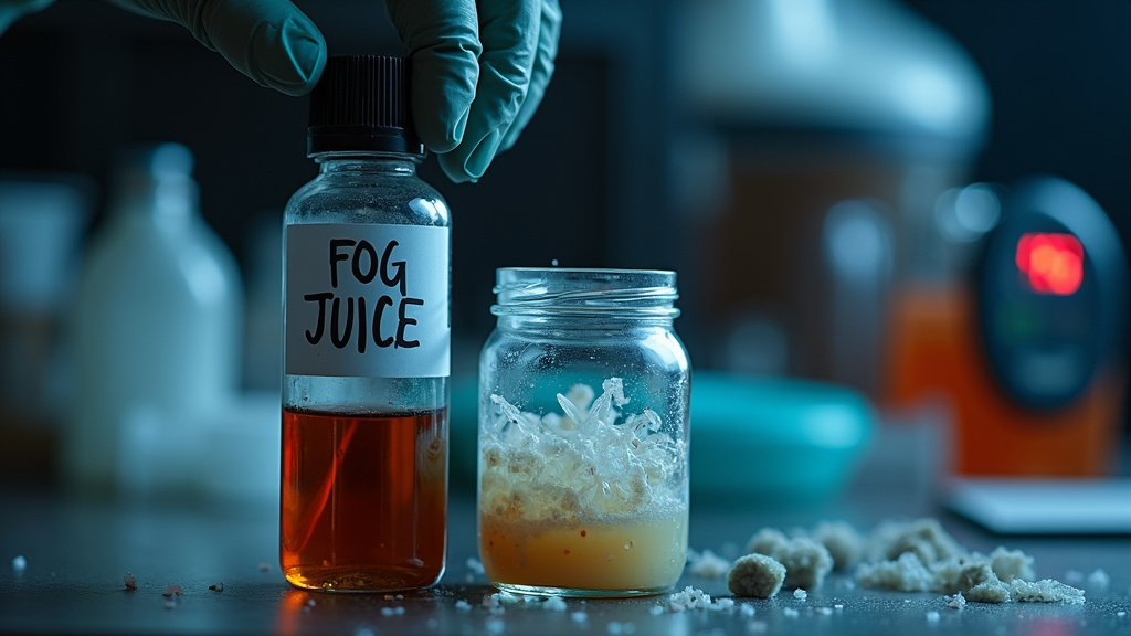 Proper storage of homemade fog juice versus degraded fluid with microbial growth.