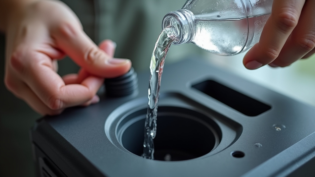 Pouring distilled water into an empty fog machine tank for cleaning.