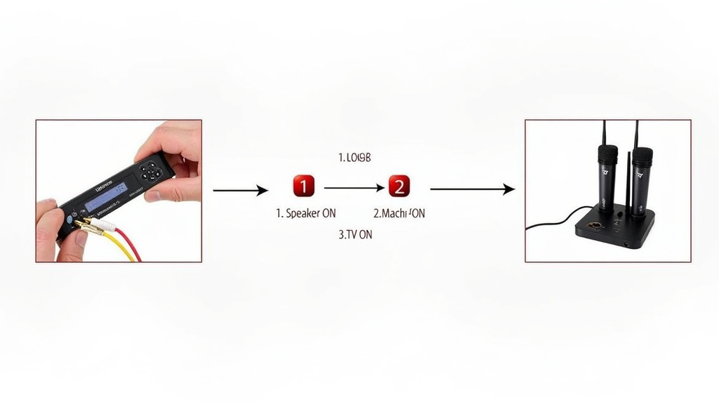 Correct setup sequence for a wireless karaoke microphone and SingMasters machine.