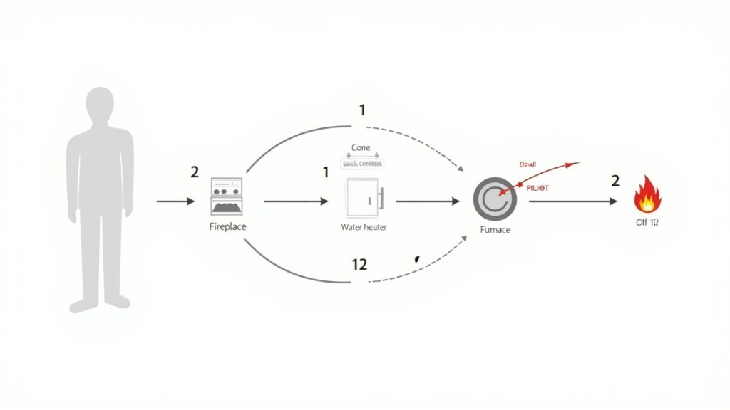 Diagram showing three-step process to shut off pilot lights before fogging.