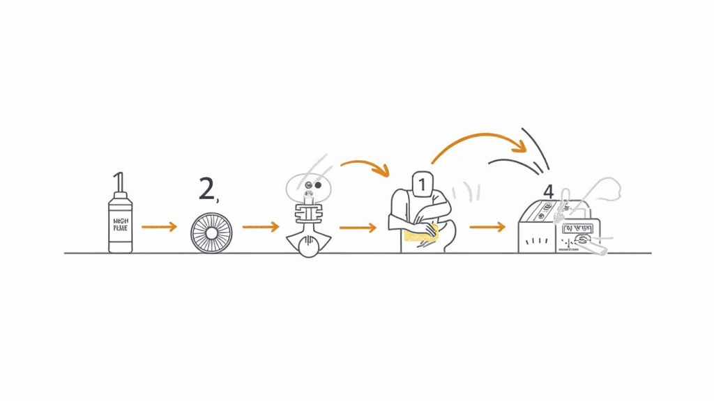Four-step diagram for preventing fog machine residue buildup indoors.