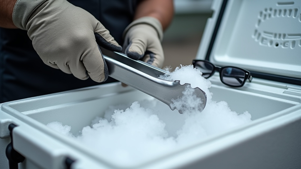 Proper tools for handling dry ice: gloves, tongs, vented cooler, and safety glasses.